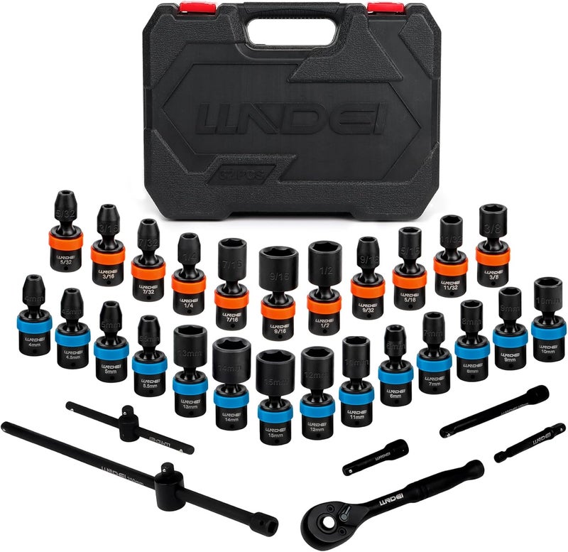 LLNDEI 1/4-Inch Drive Swivel Socket Set, 32 Pieces Standard SAE(5/32 to 9/16") Metric Size(4-15mm) CR-MO Wobble Sockets, 6 Point with Ratchet Wrench Handle, Extension Bars and Adapter - Image 1
